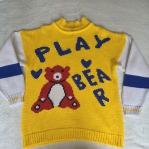 Vintage Extra Touch Yellow Teddy Bear Play Bear Knit Sweater Colorblock